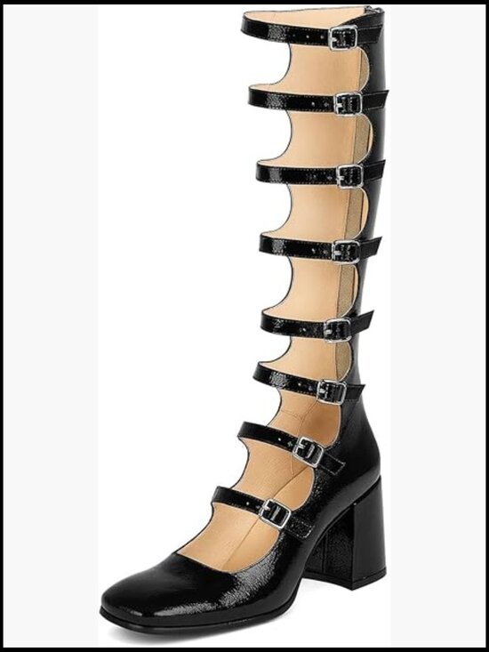Shoes - Gothic Lolita Knee High Chunky Block Heel Mary Jane Combat Boots Square Toe